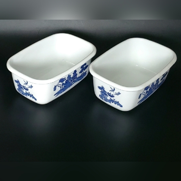 (2) Enamel Willow Blue 3 1/2" x 5 1/2" Rectangular Metal Bakers Johnson Brothers - Picture 2 of 9